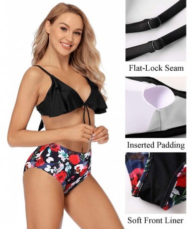 Sets Women's Ruffle Bikini Swimsuit Lace Up Two Piece Padded Bathing Suits - Black/Floral Print - CR199XQM0MI $40.84