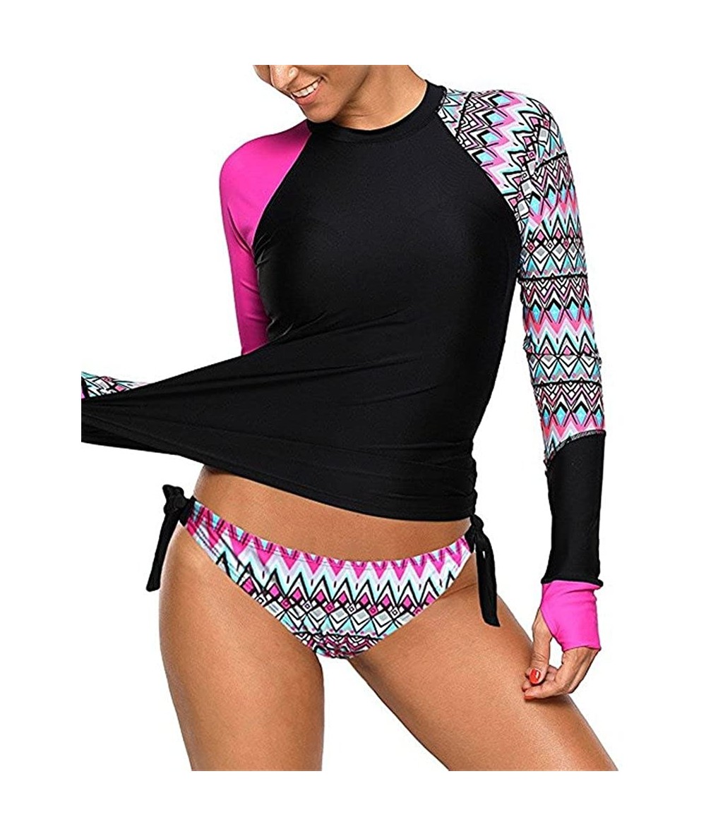 Rash Guards Womens Long Sleeve Vibrant Print Rashguard Shirt Side Ties Color Block Tankini Swimsuit - Rose485 - CN189YCL2AI $...