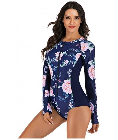 Rash Guards Women's One Piece Wetsuit Long Sleeve Zipper Up Swimsuit UV Protection Surfing Diving Swimwear - 03 Navy Floral B...