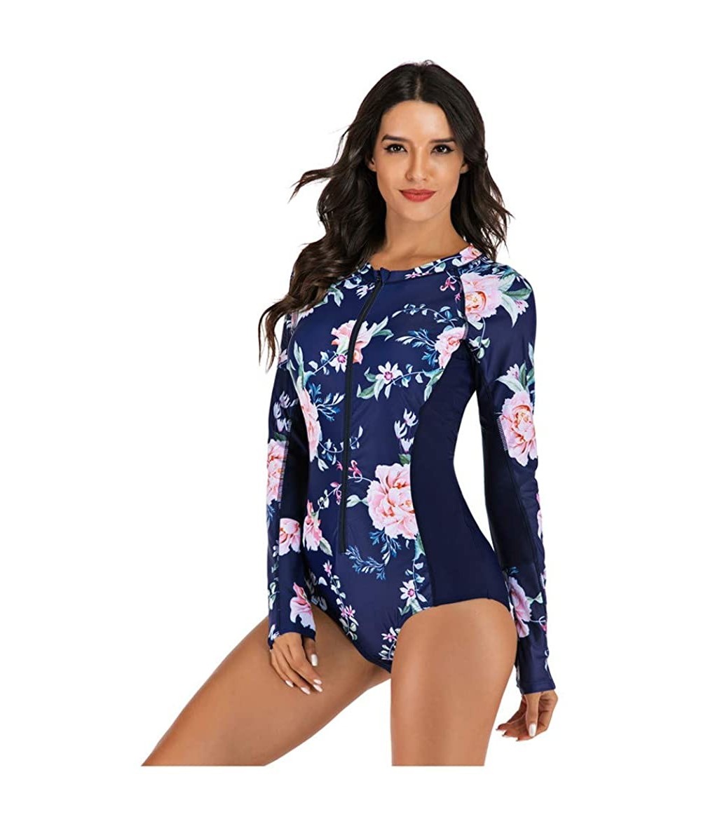 Rash Guards Women's One Piece Wetsuit Long Sleeve Zipper Up Swimsuit UV Protection Surfing Diving Swimwear - 03 Navy Floral B...