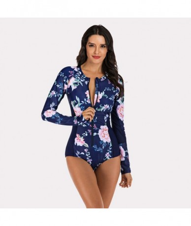 Rash Guards Women's One Piece Wetsuit Long Sleeve Zipper Up Swimsuit UV Protection Surfing Diving Swimwear - 03 Navy Floral B...