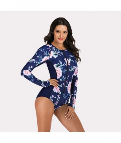 Rash Guards Women's One Piece Wetsuit Long Sleeve Zipper Up Swimsuit UV Protection Surfing Diving Swimwear - 03 Navy Floral B...