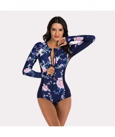 Rash Guards Women's One Piece Wetsuit Long Sleeve Zipper Up Swimsuit UV Protection Surfing Diving Swimwear - 03 Navy Floral B...