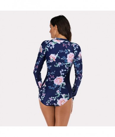 Rash Guards Women's One Piece Wetsuit Long Sleeve Zipper Up Swimsuit UV Protection Surfing Diving Swimwear - 03 Navy Floral B...