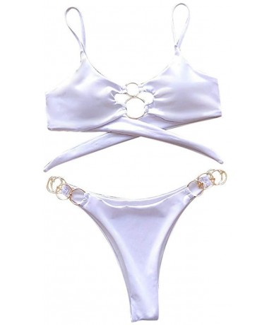 Sets Women's Chic Swimsuit Elegant Ring Bandeau Low Rise Two-Piece Bikini Sets Beachwear Swimwear - White - CR194HQGAZY $23.59