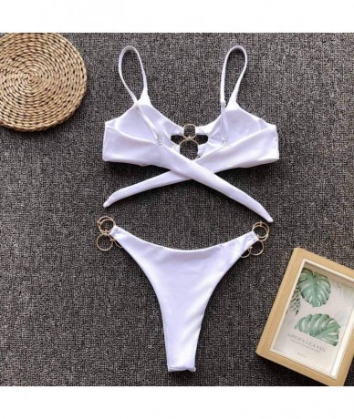 Sets Women's Chic Swimsuit Elegant Ring Bandeau Low Rise Two-Piece Bikini Sets Beachwear Swimwear - White - CR194HQGAZY $23.59