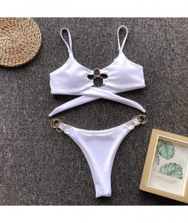 Sets Women's Chic Swimsuit Elegant Ring Bandeau Low Rise Two-Piece Bikini Sets Beachwear Swimwear - White - CR194HQGAZY $23.59