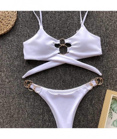 Sets Women's Chic Swimsuit Elegant Ring Bandeau Low Rise Two-Piece Bikini Sets Beachwear Swimwear - White - CR194HQGAZY $23.59