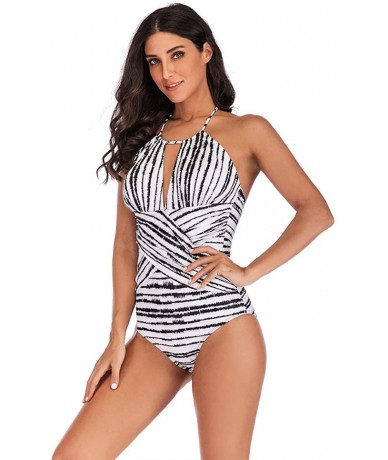 One-Pieces Womens Ruched One Piece Swimsuit Tummy Control Slimming Suit Vintage Swimwear - Zebra - CW18OZOD0DG $46.84