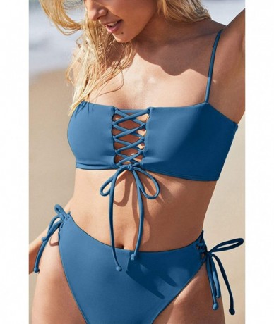 Sets Women's Spaghetti Strap Bandeau Lace Up High Waist 2PCS Bikini Set Simsuit - Blue - CK18QR7D90T $43.57