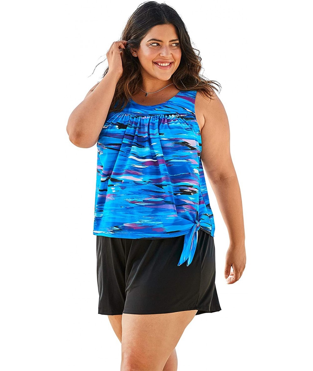 Tankinis Women's Plus Size 2-Piece Blouson Swim Set - Blue Wave Abstract (0553) - C2195SNGLOK $48.12