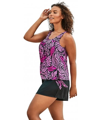 Tankinis Women's Plus Size 2-Piece Blouson Swim Set - Blue Wave Abstract (0553) - C2195SNGLOK $48.12