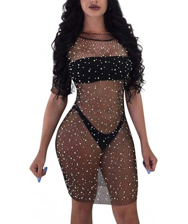 Cover-Ups Womens Sequins Mesh Dress- NDGDA Sexy Crystal Dress Bikini Cover Up Swimwear Mini Dress - Black - C118Q57C52H $20.79