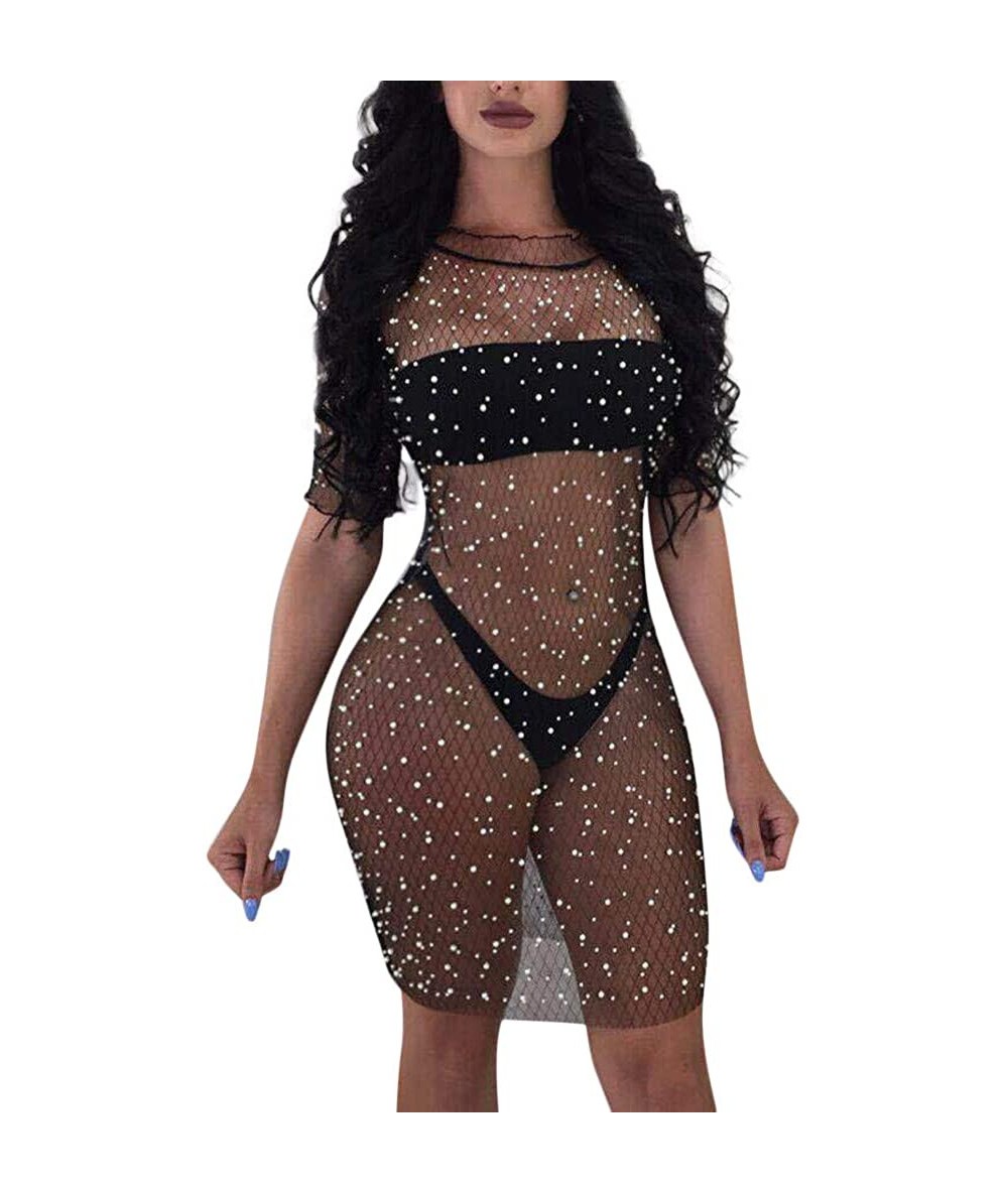 Cover-Ups Womens Sequins Mesh Dress- NDGDA Sexy Crystal Dress Bikini Cover Up Swimwear Mini Dress - Black - C118Q57C52H $20.79