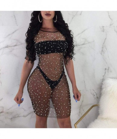 Cover-Ups Womens Sequins Mesh Dress- NDGDA Sexy Crystal Dress Bikini Cover Up Swimwear Mini Dress - Black - C118Q57C52H $20.79