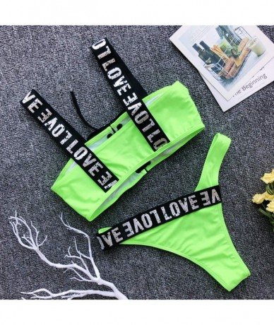 Sets Women Push Up Padded Bandage Bikini Set Swimwear- Lace Up Letter Bra Swimsuit Beachwear Bathing Suit - Green - C8193TAGX...