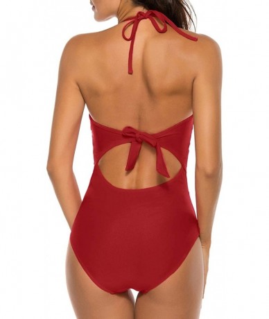 One-Pieces Womens One Piece Swimsuits for Women Tummy Control Swimwear V Neck Monokini Bathing Suits - Style 1-wine Red - C91...