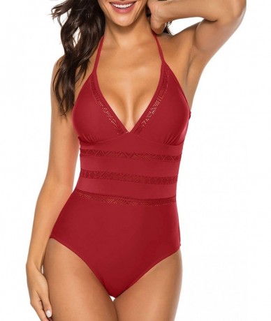 One-Pieces Womens One Piece Swimsuits for Women Tummy Control Swimwear V Neck Monokini Bathing Suits - Style 1-wine Red - C91...