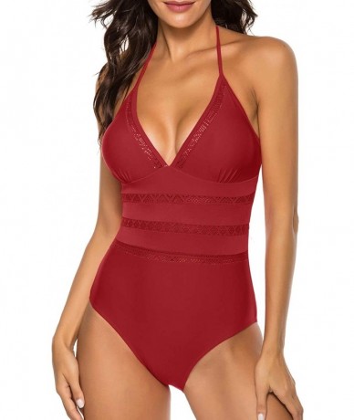 One-Pieces Womens One Piece Swimsuits for Women Tummy Control Swimwear V Neck Monokini Bathing Suits - Style 1-wine Red - C91...