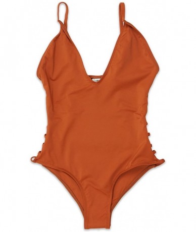 One-Pieces Low V-Neck Caged Side with Spaghetti Straps Moderate Coverage One Piece Bikini - Rust - CX18LDLE4EL $70.75