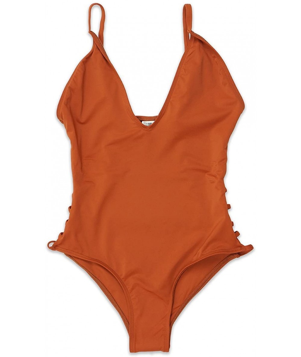 One-Pieces Low V-Neck Caged Side with Spaghetti Straps Moderate Coverage One Piece Bikini - Rust - CX18LDLE4EL $70.75