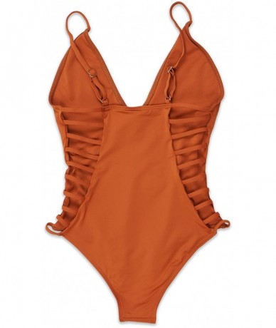 One-Pieces Low V-Neck Caged Side with Spaghetti Straps Moderate Coverage One Piece Bikini - Rust - CX18LDLE4EL $70.75