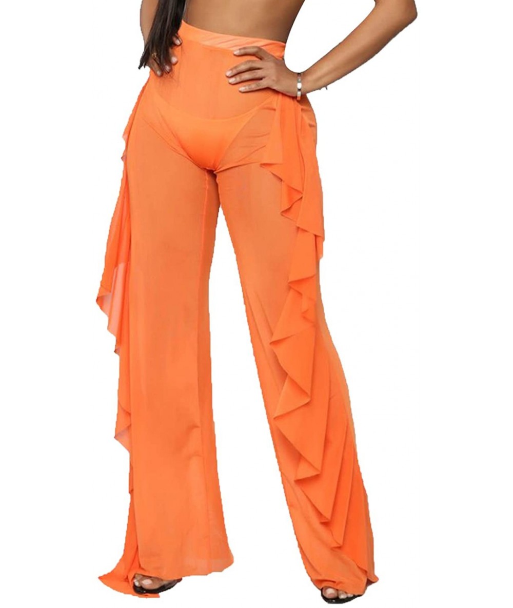 Cover-Ups Women's Perspective Sheer Mesh Ruffle Pants Swimsuit Bikini Bottom Cover up - Y Orange - C818QNY55E5 $29.05