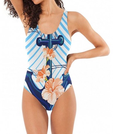 One-Pieces Womens 2019 Pop Art Style One Piece Monokini Swimsuit Sexy Backless Retro Bathing Suit - Anchor and Hibiscus - CC1...