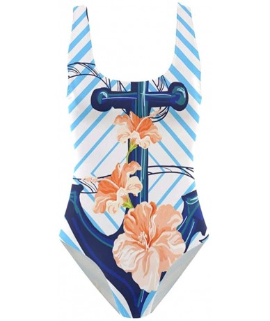 One-Pieces Womens 2019 Pop Art Style One Piece Monokini Swimsuit Sexy Backless Retro Bathing Suit - Anchor and Hibiscus - CC1...