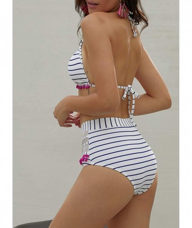 Cover-Ups Womens High Waist Two Pieces Bikini Set Padded Stripe Tassel Swimsuit - Blue - CJ18O3U93YR $43.87