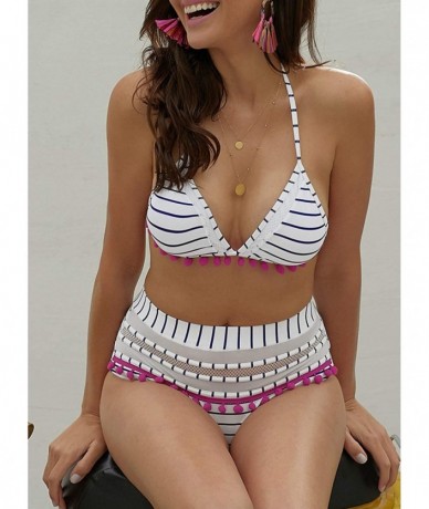 Cover-Ups Womens High Waist Two Pieces Bikini Set Padded Stripe Tassel Swimsuit - Blue - CJ18O3U93YR $43.87