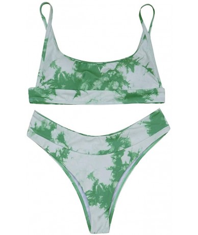 Sets Bikini Swimwear Women's Tie-Dye Printed High Waisted Knot Front Summer 2 Piece Bikini Bathing Suit - E-green - C51903MGR...