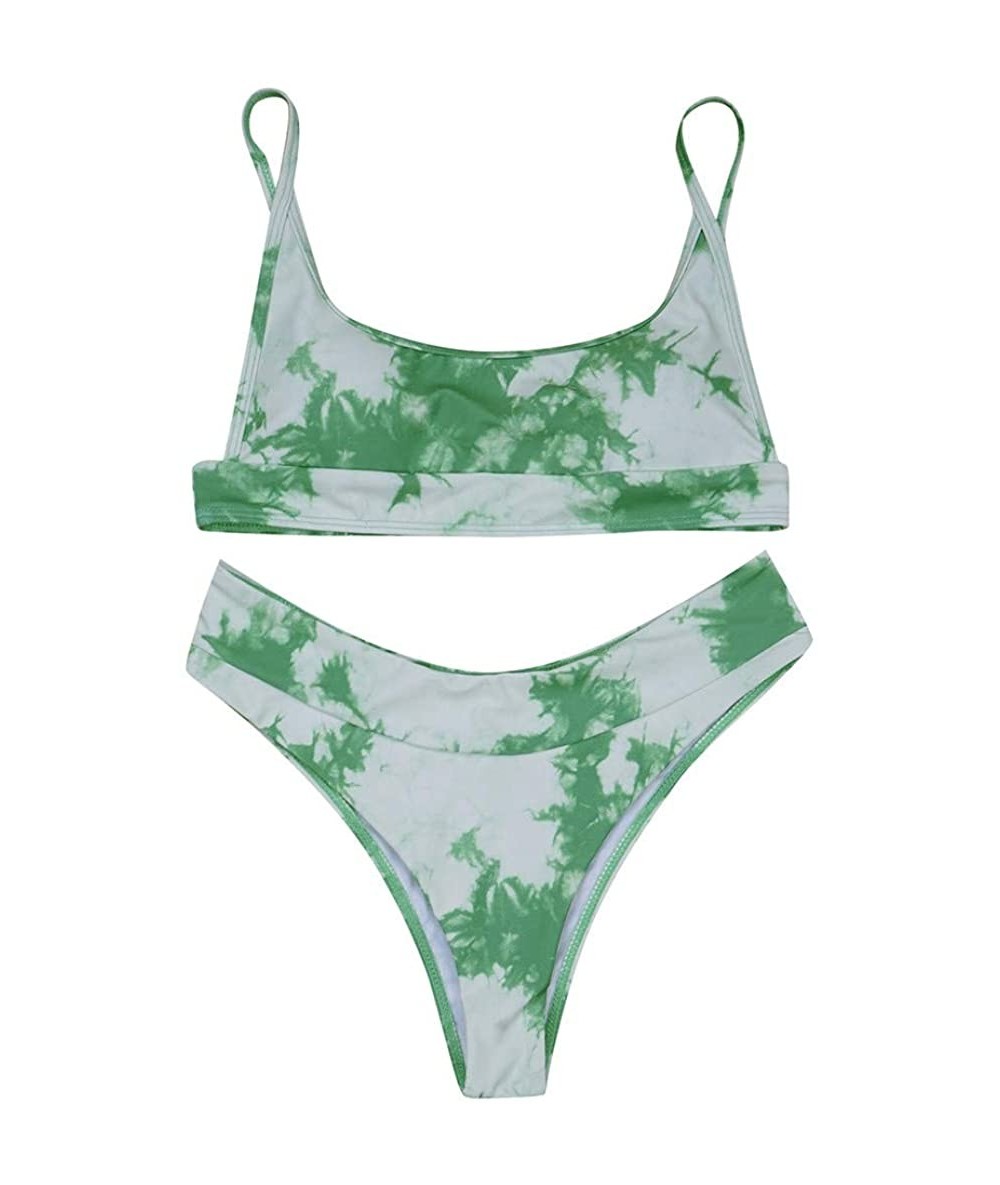 Sets Bikini Swimwear Women's Tie-Dye Printed High Waisted Knot Front Summer 2 Piece Bikini Bathing Suit - E-green - C51903MGR...