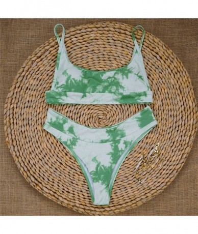 Sets Bikini Swimwear Women's Tie-Dye Printed High Waisted Knot Front Summer 2 Piece Bikini Bathing Suit - E-green - C51903MGR...