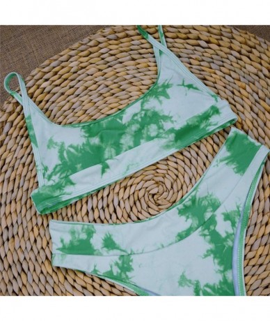 Sets Bikini Swimwear Women's Tie-Dye Printed High Waisted Knot Front Summer 2 Piece Bikini Bathing Suit - E-green - C51903MGR...