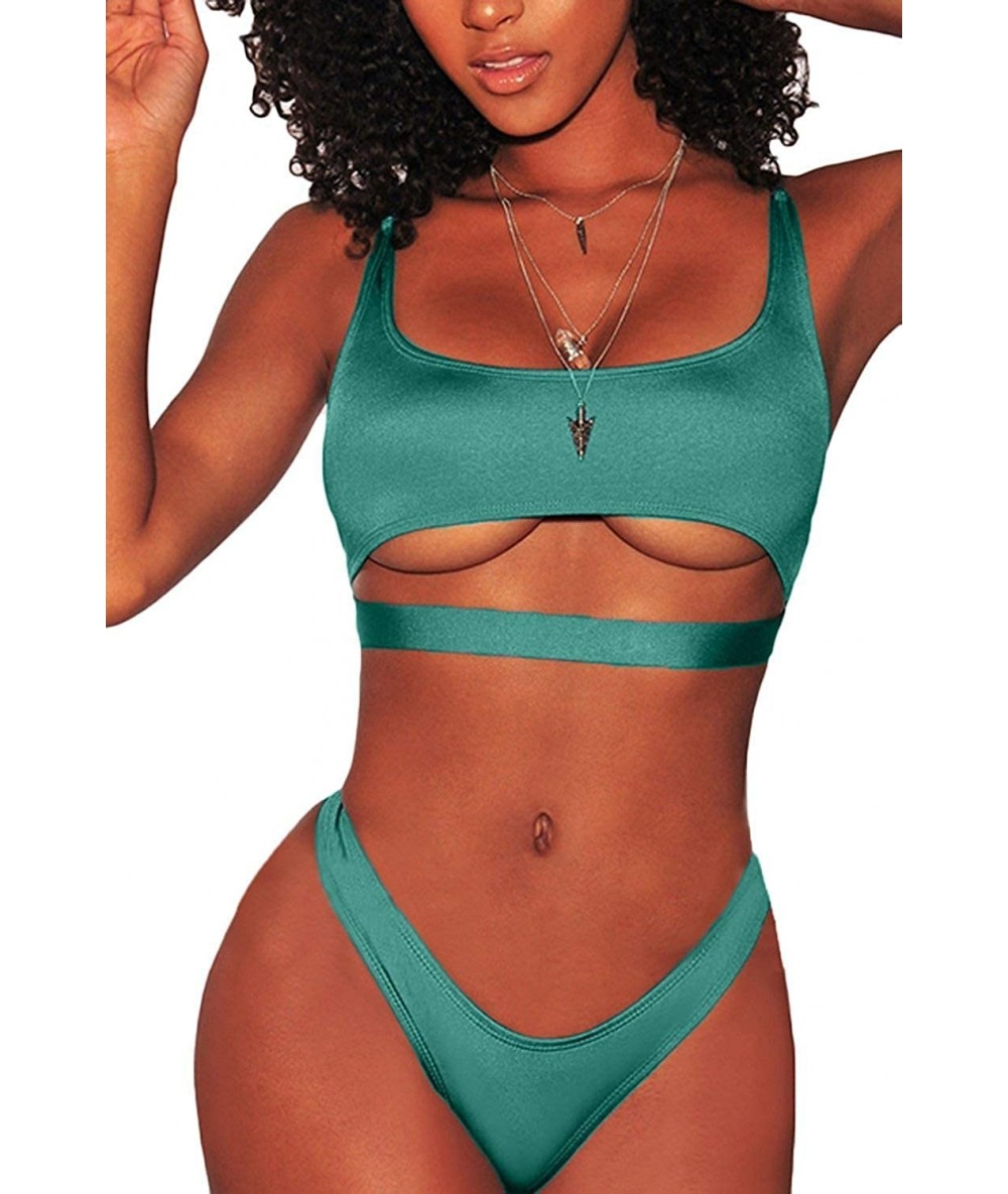 Sets Women's Sexy Scoop Neck Cutout Strappy Cheeky Bottom Bikini Sets 2PCS Swimsuits - Green - CU18EATKOQ4 $40.41