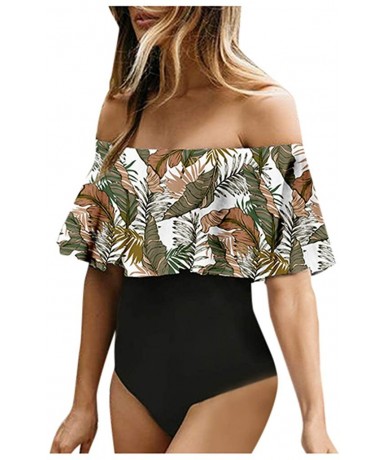 One-Pieces Women's Sexy Off Shoulder Floral Leaves Print Tummy Control One Piece Swimsuit Ruffled Bathing Suits - C - CN199AZ...