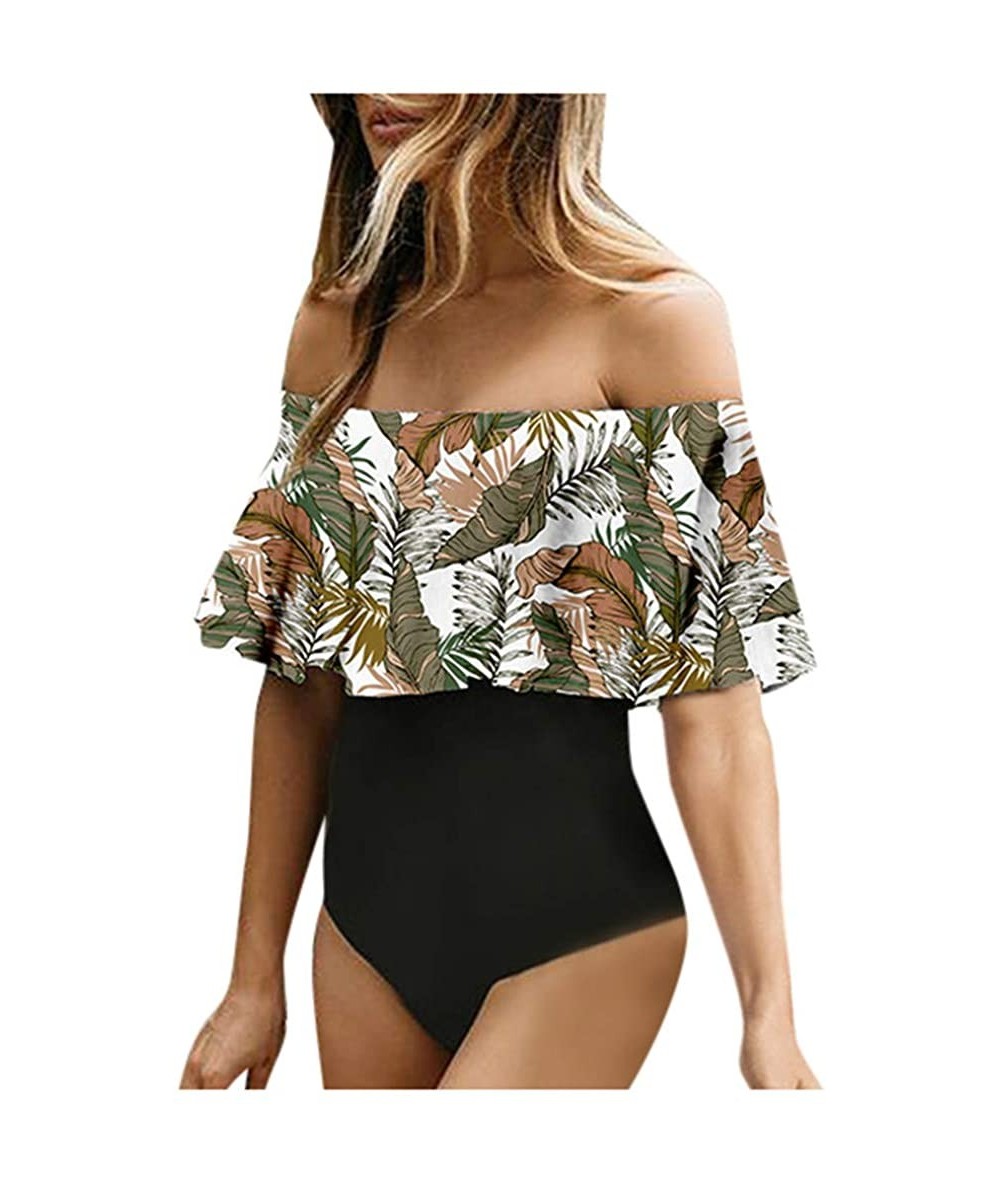 One-Pieces Women's Sexy Off Shoulder Floral Leaves Print Tummy Control One Piece Swimsuit Ruffled Bathing Suits - C - CN199AZ...