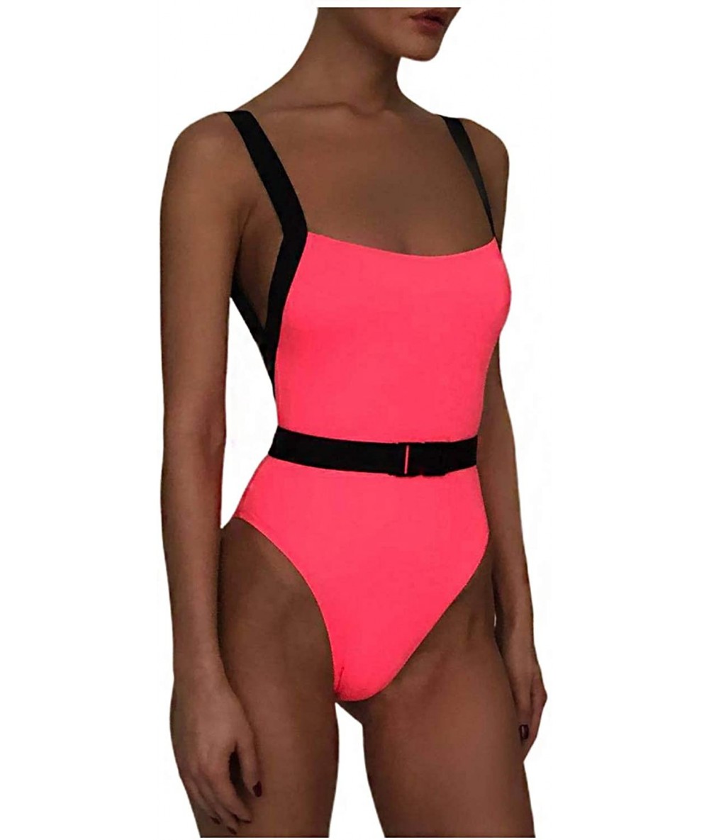 One-Pieces Women Shiny One-Piece Swimsuit Bathing Suits Beach Swimwear Bikini - Fluorescent Pink - CG1976U002Q $25.86