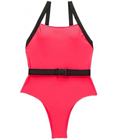 One-Pieces Women Shiny One-Piece Swimsuit Bathing Suits Beach Swimwear Bikini - Fluorescent Pink - CG1976U002Q $25.86