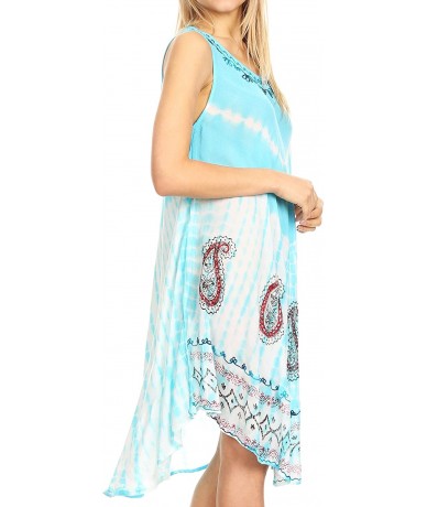 Cover-Ups Violeta Women's Tie Dye Paisley Caftan Midi Sleeveless Tank Dress Cover Up - Turq - CR18MGMHWK6 $31.39