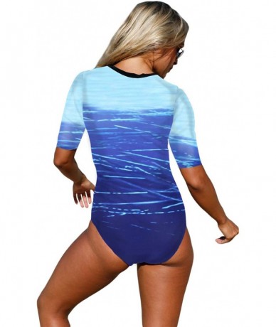 One-Pieces Womens Zip Front Printed Half Sleeve/Long Sleeve One Piece Swimsuit Swimwear - Ocean Blue - CD19DNY8UUN $44.54