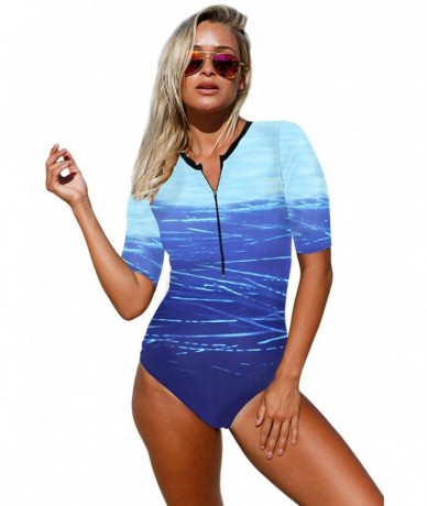 One-Pieces Womens Zip Front Printed Half Sleeve/Long Sleeve One Piece Swimsuit Swimwear - Ocean Blue - CD19DNY8UUN $44.54