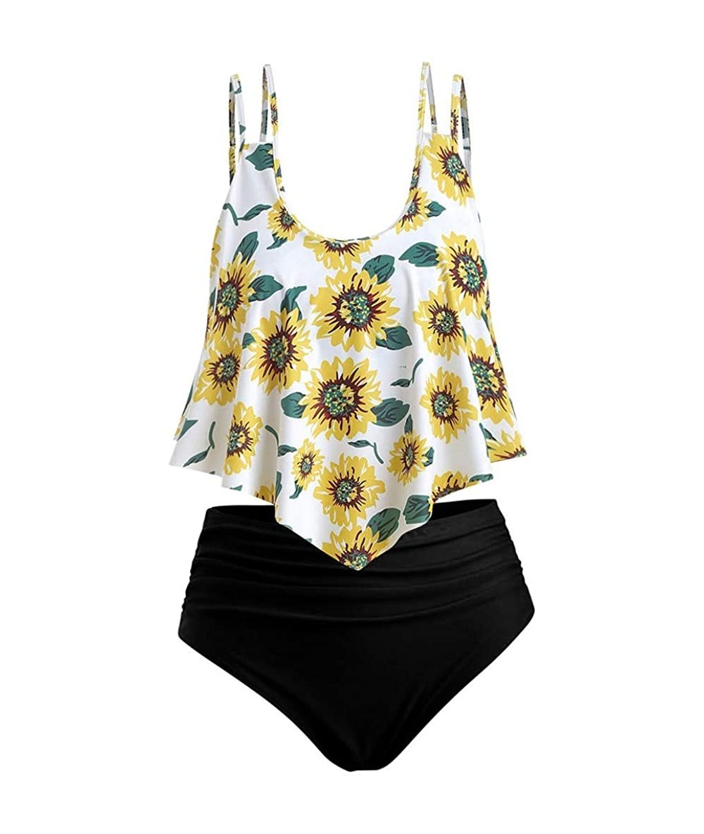 Racing Two Piece Swimsuits for Women Plus Size High Waisted Swimsuit Sunflower Print Ruffled Top Swimwear Bikini Set - CD199N...