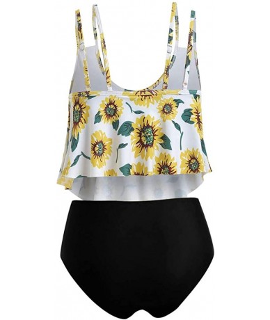 Racing Two Piece Swimsuits for Women Plus Size High Waisted Swimsuit Sunflower Print Ruffled Top Swimwear Bikini Set - CD199N...