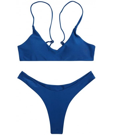 Sets Women's Solid Scoop Neck Push up Padded Brazilian Thong Bikini Swimsuit - Deep Blue - CY198G83YZU $43.91