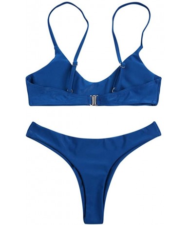 Sets Women's Solid Scoop Neck Push up Padded Brazilian Thong Bikini Swimsuit - Deep Blue - CY198G83YZU $43.91