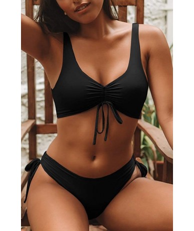 Sets Womens 2 Piece Bikini Set Drawstring Push Up Sporty Scoop Crop Top Cheeky Swimsuit - 1-black - CS18OWCK7MR $33.85