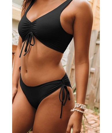 Sets Womens 2 Piece Bikini Set Drawstring Push Up Sporty Scoop Crop Top Cheeky Swimsuit - 1-black - CS18OWCK7MR $33.85