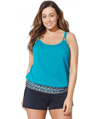 One-Pieces Women's Plus Size Loop Strap Blouson Tankini Set with Banded Short - Luxe - CH18OL0973W $86.73